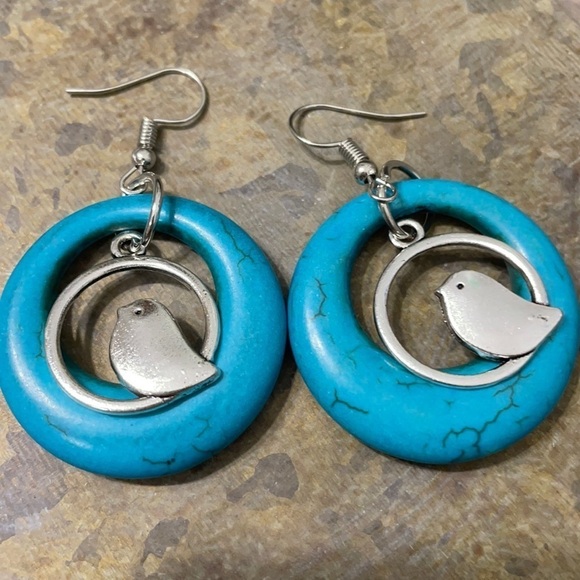Silver Bird Turquoise Stone Hoop Drop Earrings - Picture 11 of 16